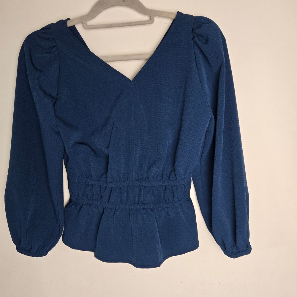 Madewell Navy Blue Seersucker Peasant Boho V-Neck Puff Sleeve Top XXS - Picture 4 of 6
